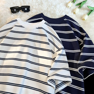 Pure Cotton Striped Short-Sleeve T-Shirt for Men, Summer Japanese and Hong Kong Style, Loose Half-Sleeve, Trendy Brand, Versatile, Student Couple Top
