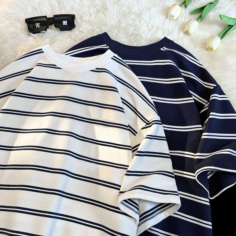 Pure Cotton Striped Short-Sleeve T-Shirt for Men, Summer Japanese and Hong Kong Style, Loose Half-Sleeve, Trendy Brand, Versatile, Student Couple Top