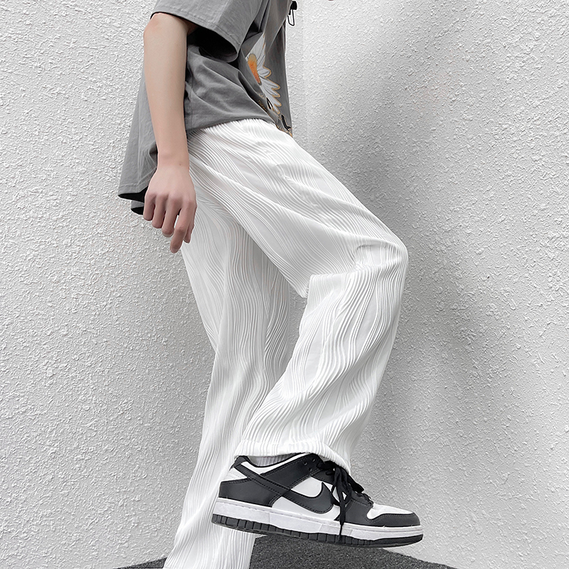 Men's Summer Casual Pants with Crumpled Wave Design, Straight-Leg Floor-Length Pants, ins Korean Style Trendy and Cool Street Pants