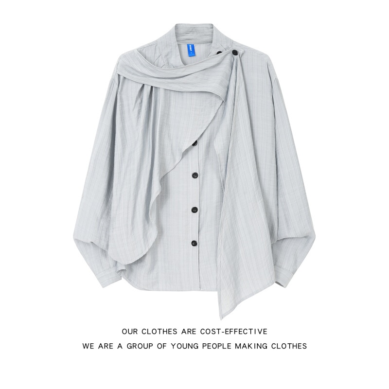 Asymmetrical Ribbon Long-Sleeved Shirt for Men, Spring and Summer American-Style Loose Casual Top, Trendy Brand Design Shirt Jacket