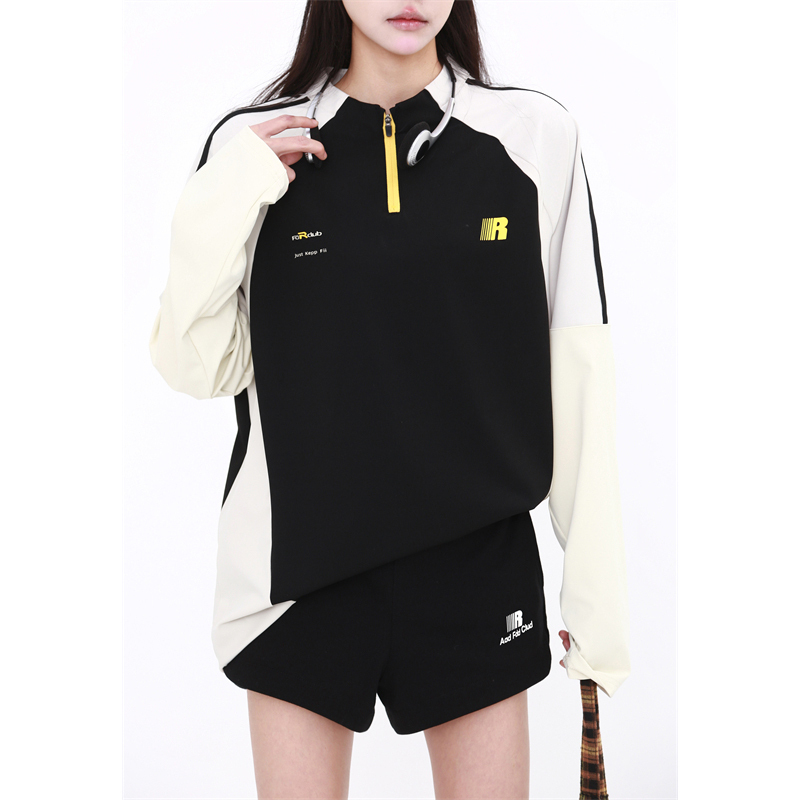 American-Style Half-Zip Long-Sleeve T-Shirt for Men and Women, Trendy Brand, Loose Fit, Color-Blocking Sports Top, Quick-Drying, Sun-Protective Cycling Shirt