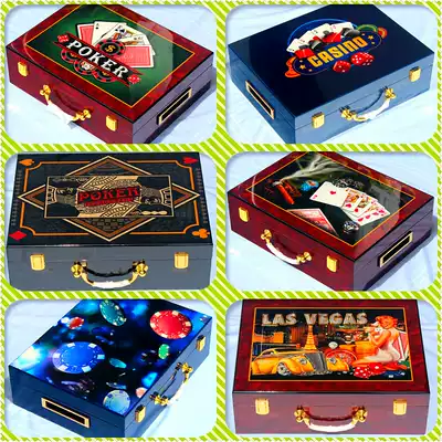 Genuine solid wood portable chip box baking paint high gloss 3D pattern mahjong chip box double layer can put 500 chips