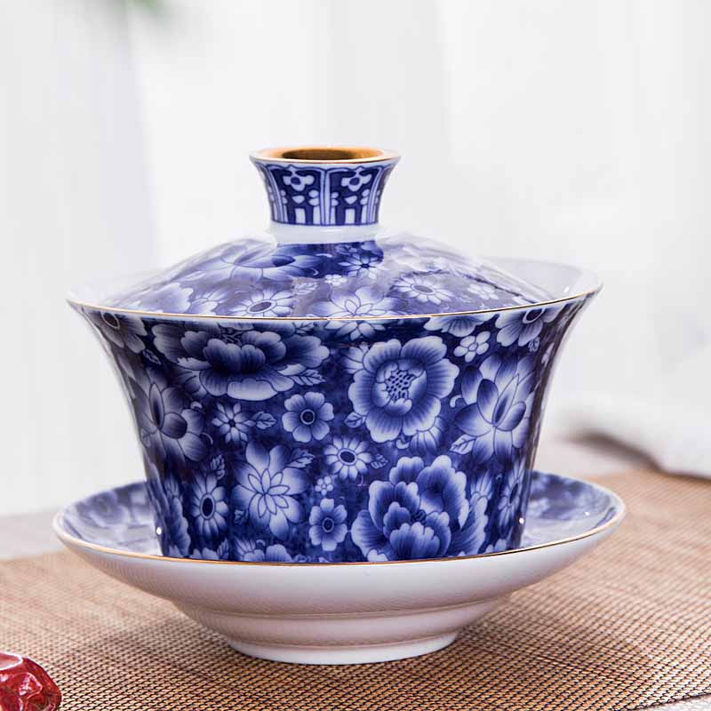 Cover Bowl Big Blue Flower porcelain Sancai cup enamel Caijing Dezhen Ceramics Toast of Tea Cup Three Gunners Tail Artisanal Kung Fu Tea Furniture
