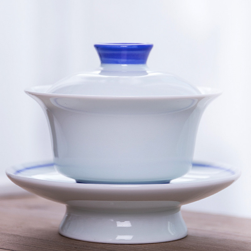 Cover Bowl Large blue flower Porcelain Hand-painted Double Thread Hymn 3-only cup Tea Bowl Gongfu Tea Green White Porcelain Handmade Tea Maker