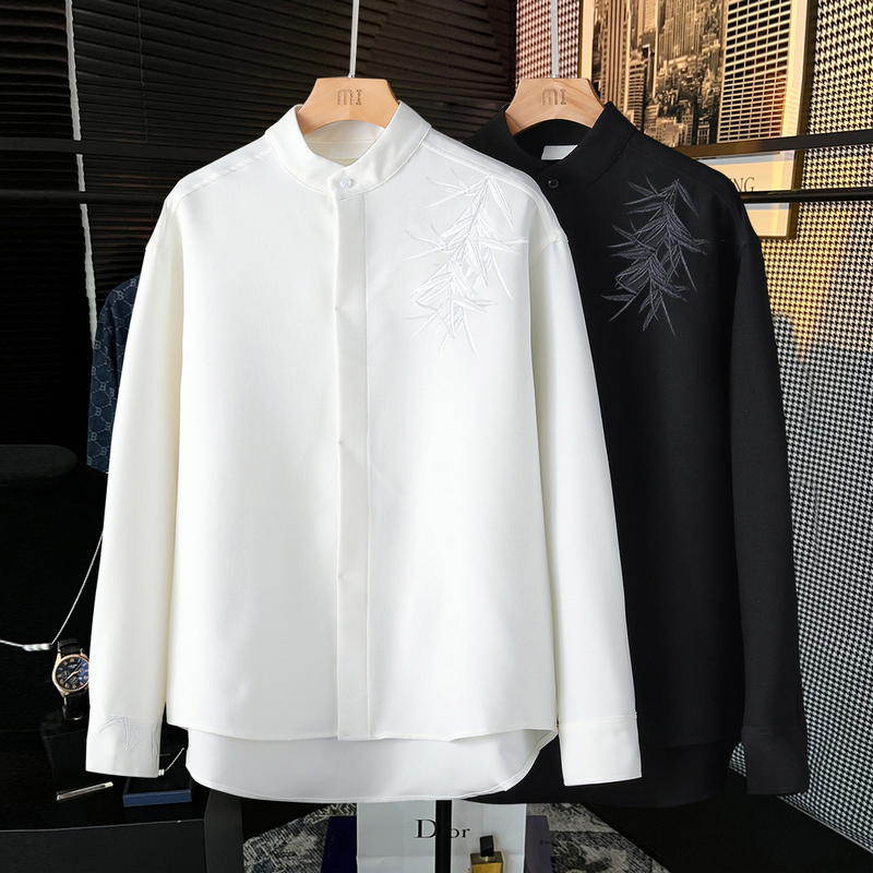 Spring and Autumn Bamboo Leaf Embroidery New Chinese Style Handsome Retro Chinese Style Long-Sleeved Shirt Men's Trendy Stand-Up Collar Zhongshan Suit Trend