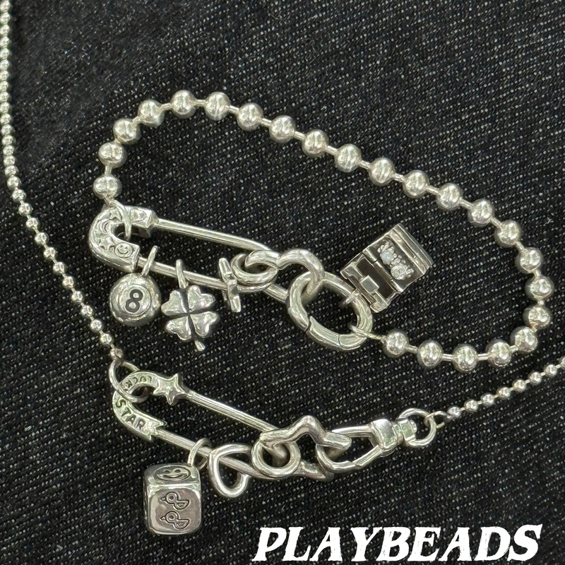 Playbeads Sterling Silver S925 Meteor Smiley Face Pin Treasure Chest Dice Four-Leaf Clover Vintage DIY Bracelet Necklace