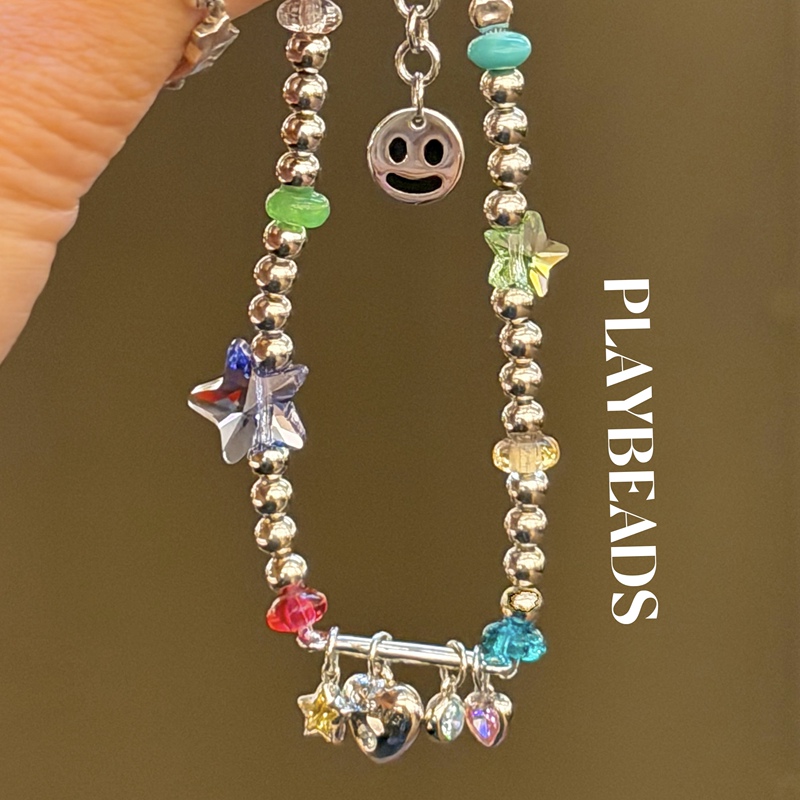 Playbeads Sweet and Cool Series Sterling Silver S925 Starry Colorful Rainbow Glass Silver Beads Zircon Heart Bracelet