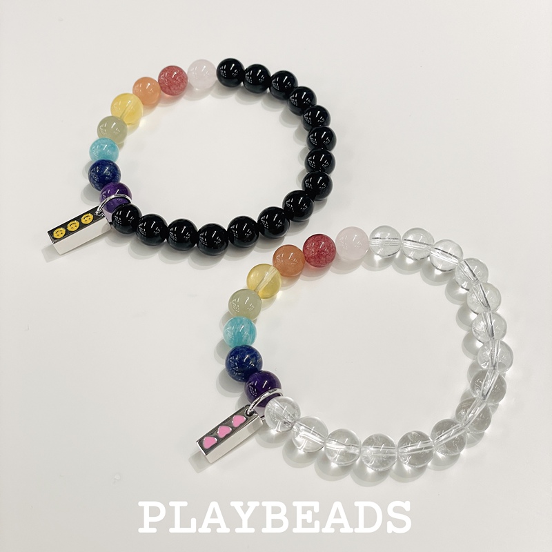 Playbeads Sterling Silver S925 Rainbow White Crystal Obsidian Smiley Heart Couple Best Friend Bracelet Two Colors to Choose from
