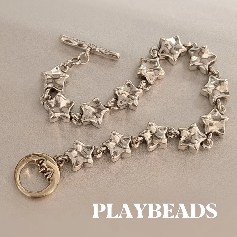 Playbeads Original Design S925 Sterling Silver Vintage Texture Distressed Solid Star and Moon Ot Clasp Bracelet