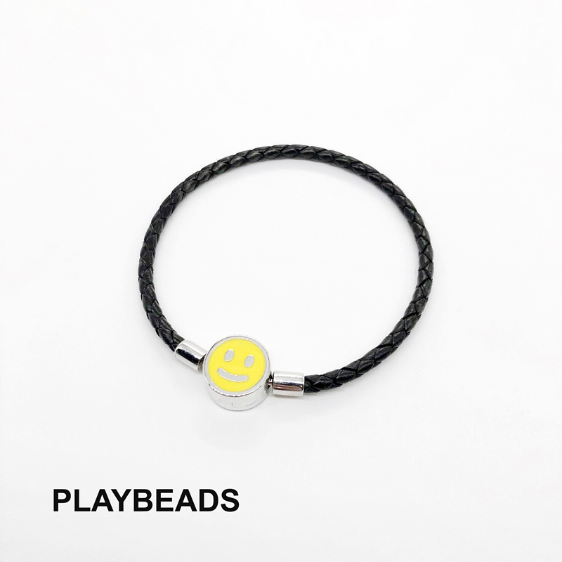 PLAYBEADS ORIGINAL DESIGN 925 STERLING SILVER BEADED JEWELRY BRACELET CRYING SMILEY FACE DOUBLE-sided CUTE LEATHER ROPE BASE CHAIN