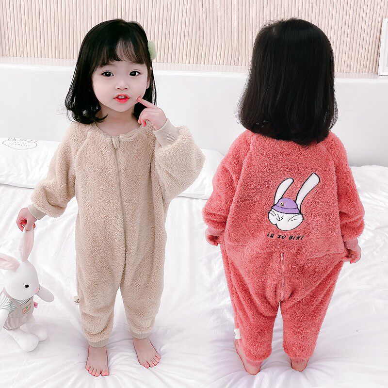 Girl's pyjamas 2021 new spring and autumn season long sleeves even body coral suede baby boy care children's home warmed up