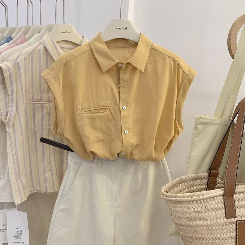 Big Sale Clearance First-Line Brand Counter Yellow Sleeveless Shirt Women's Thin French Shirt Lapel Small Flying Sleeve Top