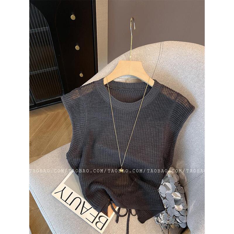 Counter Hot Item Clearance Sleeveless High-Waisted Tie-Up Flutter Sleeve Knitted T-Shirt for Women, Spring/Summer Design, Stylish Top