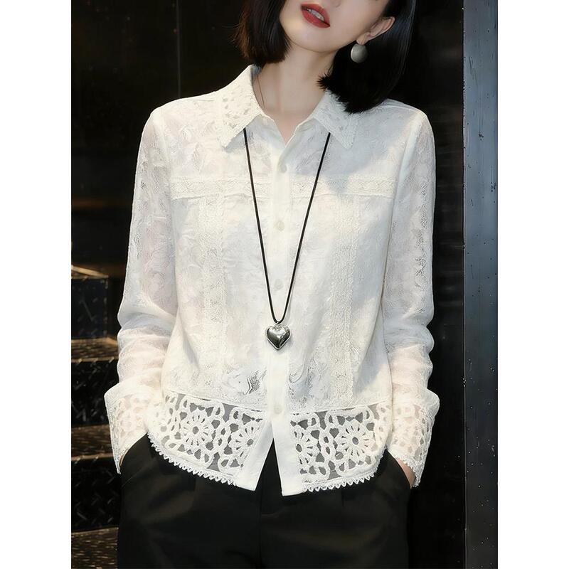 White Hollow-Out Crochet Shirt for Women, 2026 Spring New Style, Age-Reducing, Loose Fit, Slimming, Stylish Base Shirt Top