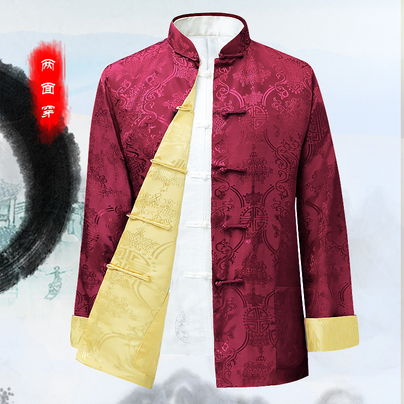 2022 Dang costume men's middle-aged and elderly thin double face wearing long sleeves jacket Spring and autumn season Chinese Wind Grandpa Costume Retro