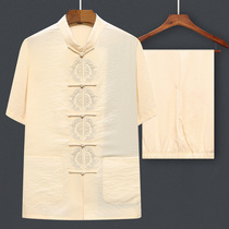 2020 new middle-aged and elderly Tang suit mens short sleeve set Chinese Hanfu father dress Chinese style retro summer dress