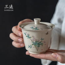 Japanese ash cover bowl Household ceramic hand-painted begonia flower tea bowl Tribute tea cup Kung Fu tea cover bowl Tea cup