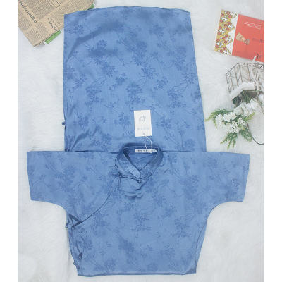 【 Special Clearance Sale 】 Blue ancient-style cheongsam, full opening, women's low slit, one-shoulder sleeve, one-piece flat cut cheongsam
