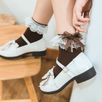  Zhen taro milk tea ) Heavy industry bow lace mid-tube socks Cute lolita soft sister girl cotton socks