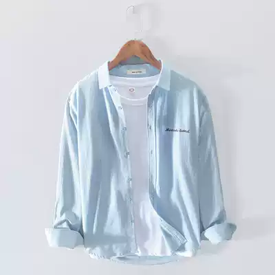 Japanese blue vertical striped shirt men's long sleeves loose Korean trend casual wild Port wind cotton shirt men's tide