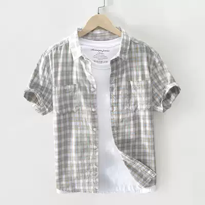 Japanese plaid cotton short sleeve shirt men's summer casual retro check youth large size loose breathable shirt