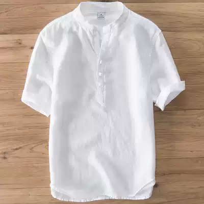 Chinese style linen short-sleeved t-shirt men's loose half-middle sleeve white T-stand collar linen men's five-point sleeve linen top
