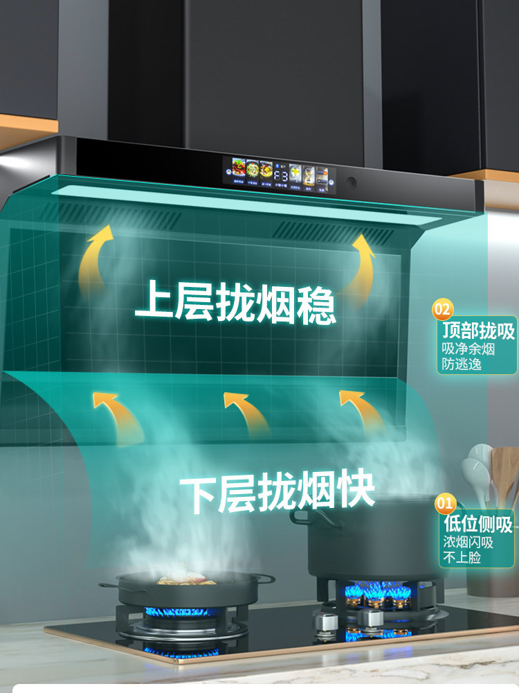 Haotaitai Ultra-Strong Suction Range Hood for Home Kitchen, No Need to Disassemble and Clean, 7-Shaped, Suitable for Top and Side Double Suction Range Hood