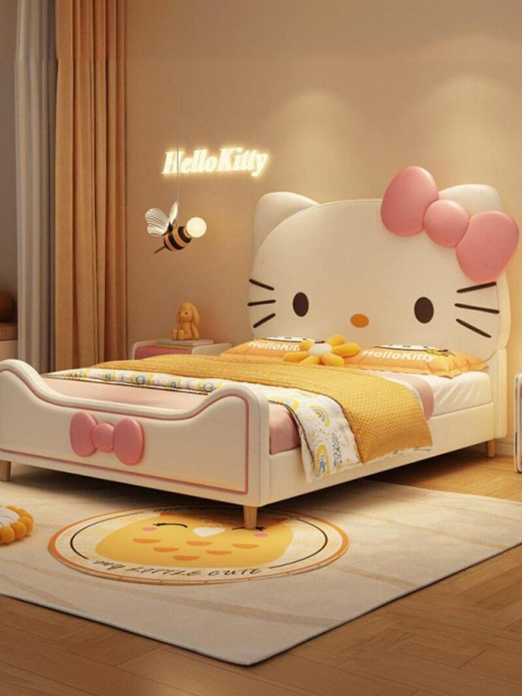Hello Kitty Cartoon Children's Bed for Girls, Princess Bed, Genuine Leather Bedroom Single Pink Hello Kitty Upholstered Bed