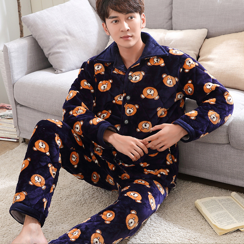 Mùa thu và mùa đông đồ ngủ bằng vải bông nam dày nhung san hô đồ bộ nam