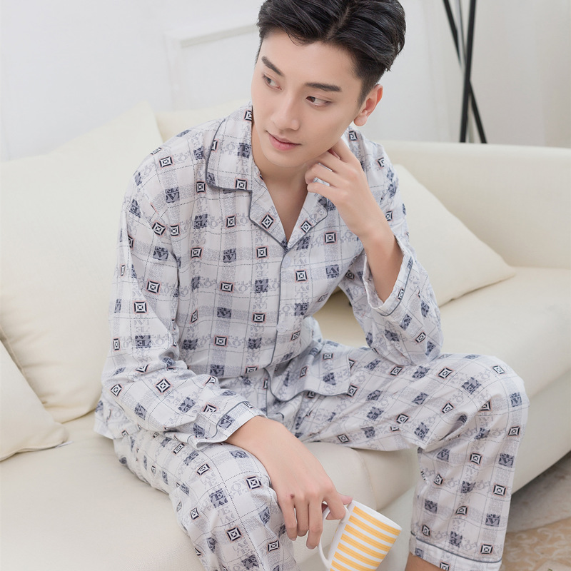 Bộ đồ ngủ cotton mùa xuân nam dài tay thanh niên hai mảnh phù hợp với trung niên áo len cotton mỏng dệt kim cotton pijama nữ