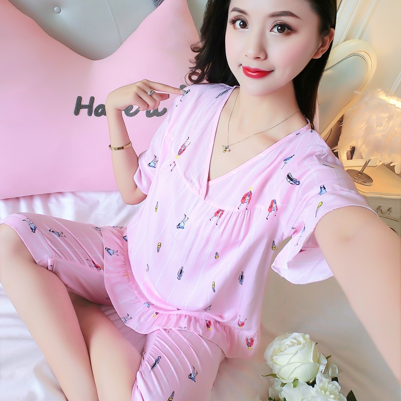 Bông lụa đồ ngủ của phụ nữ mùa hè ngắn tay quần short cotton lụa phù hợp với Hàn Quốc phiên bản của bông nhân tạo phần mỏng trung niên dịch vụ nhà XL