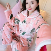 Đồ ngủ ba lớp chần bông phụ nữ dày mùa thu và mùa đông san hô nhung đồ ngủ flannel cotton áo ấm dịch vụ nhà phù hợp với phim hoạt hình