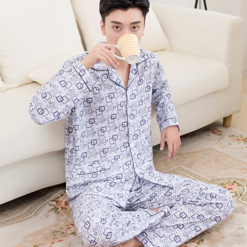 Bộ đồ ngủ cotton mùa xuân nam dài tay thanh niên hai mảnh phù hợp với trung niên áo len cotton mỏng dệt kim cotton pijama nữ