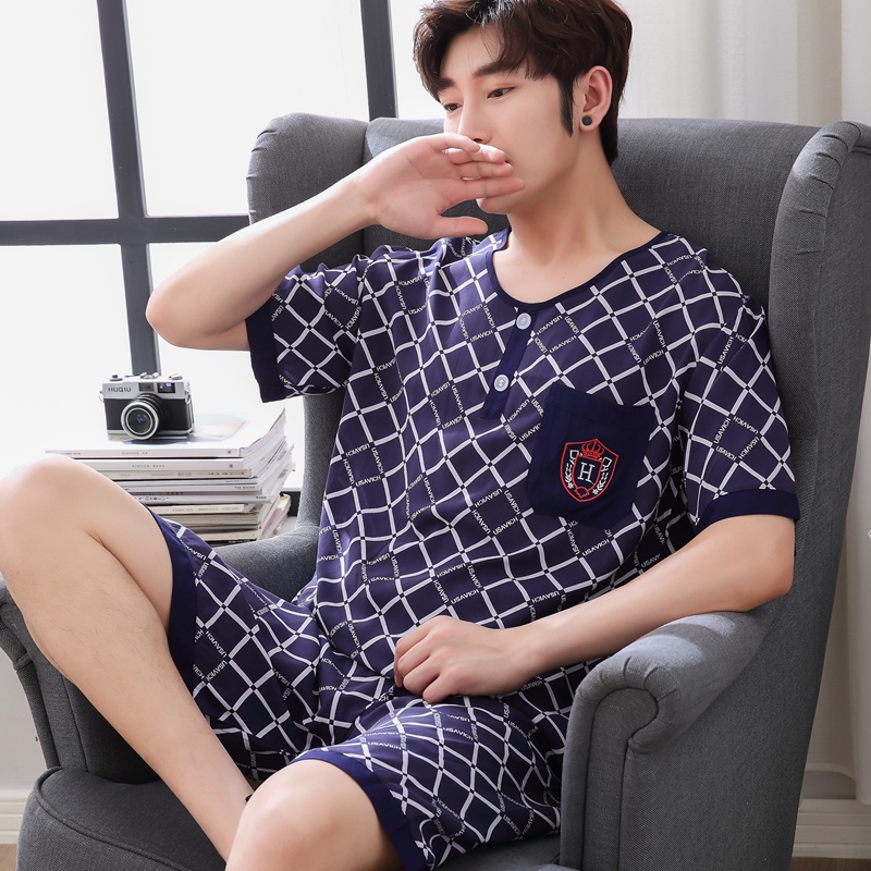 Bông lụa đồ ngủ nam mùa hè ngắn tay quần short trung niên nhà quần áo nhân tạo bông cha bông lỏng phù hợp với đồ ngủ nam