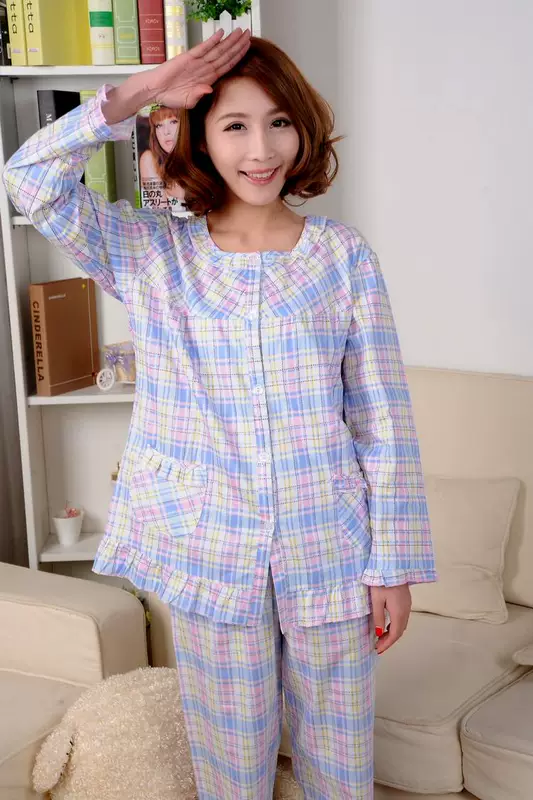 Bộ đồ ngủ cotton mùa xuân và mùa thu dài tay của phụ nữ vải cotton phục vụ tháng nhà quần áo cardigan dệt dễ thương phù hợp với phim hoạt hình kích thước lớn đồ bộ pijama