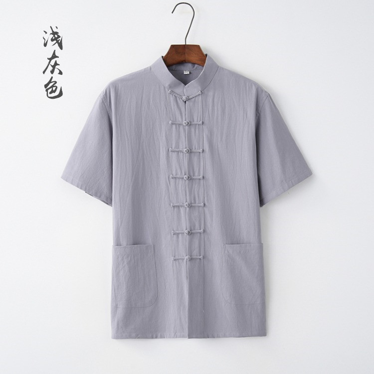 Tang nam ngắn tay bông mùa hè và lanh đầu mỏng gió Trung Quốc cha thường lanh váy retro han phù hợp