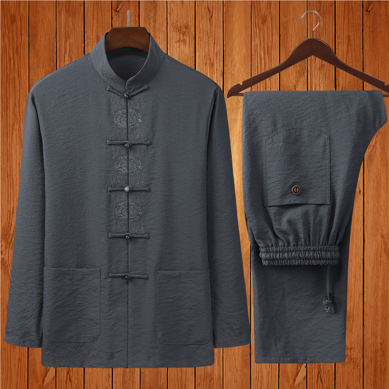Summer Cotton and Linen Tang Suit for Middle-Aged and Elderly Men, Long-Sleeved Linen Chinese Style Hanfu Men's Layman Suit, Dad Outfit Summer Cotton and Linen Tang Suit for Middle-Aged and Elderly Men, Long-Sleeved Linen Chinese Style Hanfu Men's Layman Suit, Dad Outfit