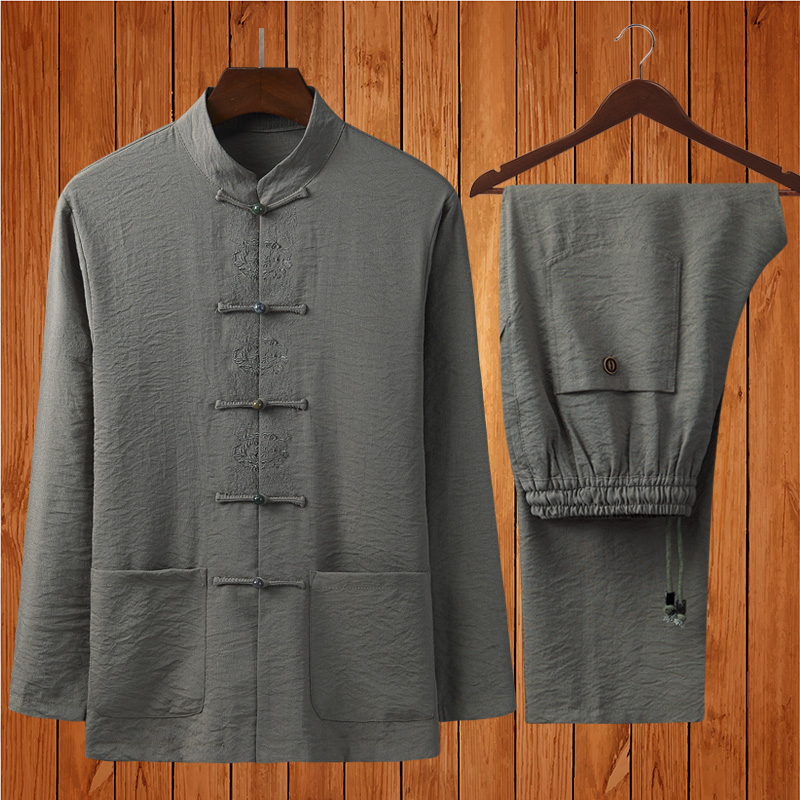 Spring and autumn middle-aged cotton and hemp middle-aged Tang suit men's long-sleeved linen Chinese style Han suit men's lay suit suit Dad suit