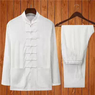 Chinese style flax Tang men's suits, costumes, spring and autumn, elderly long sleeves, Chinese cotton and linen