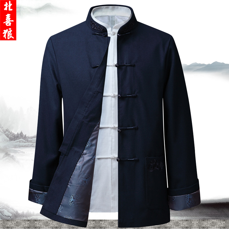 Spring Autumn Season Middle Aged elderly jacket Tangclothing male linen Thickened Cuz Chinese Pan Buttoned Hanfu Long Sleeve Jacket