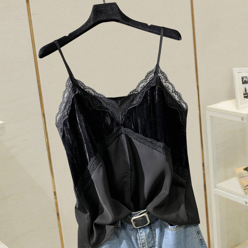 Fan-style V lead lace splicing gold velvet harness vest female summer outside wearing inner lap sleeveless blouse design feeling small