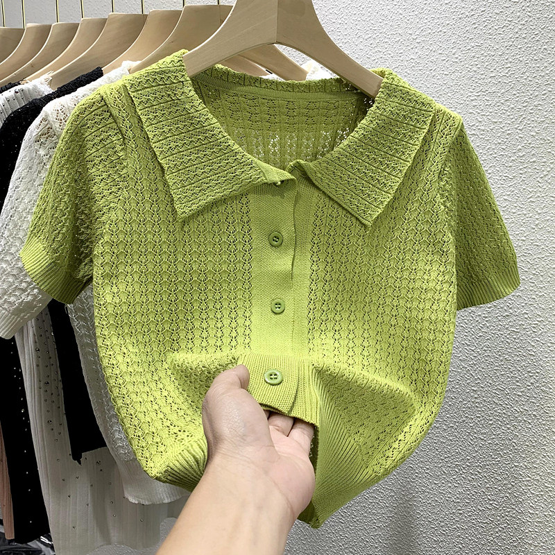 Net red T-shirt female ins super hot 2022 summer polo collar knitted short-sleeved bottoming shirt sexy hollow short top