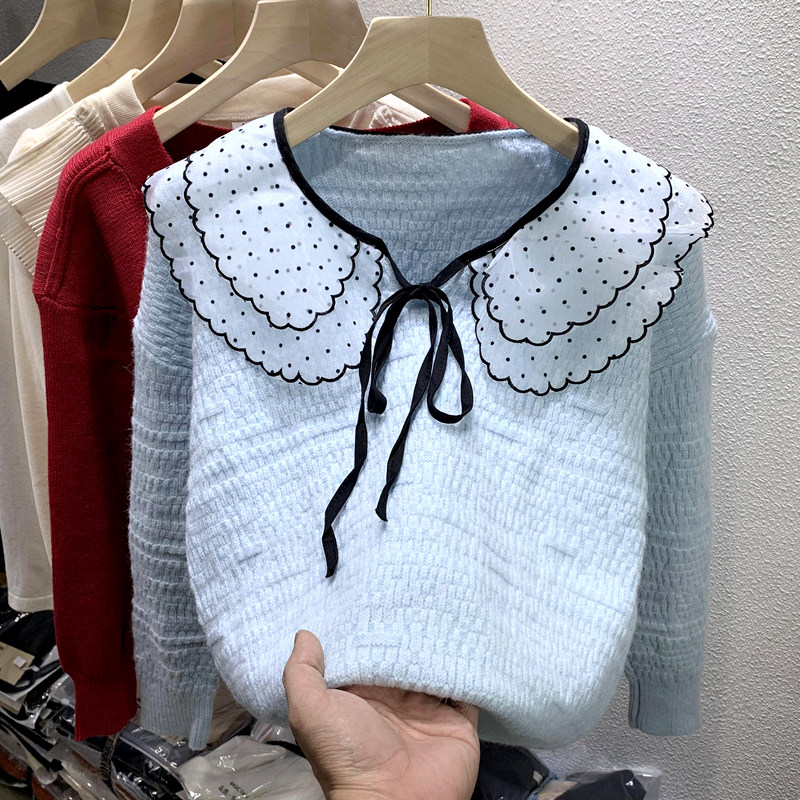 Doll collar sweater autumn and winter 2021 new sweet wind spot niche design sleeve head coat knitted shirt spring