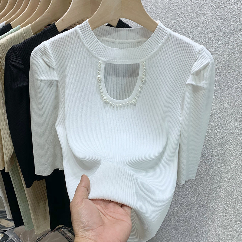 2022 spring new chic hollow design short-sleeved T-shirt temperament thin beaded ice silk knitted top women