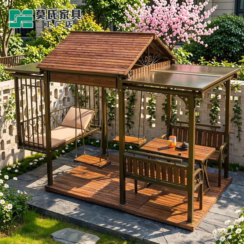 Outdoor Gazebo with Swing, Courtyard Garden Arrangement, Rural Terrace, Outdoor Villa Yard, Sunshade Tent, Pavilion