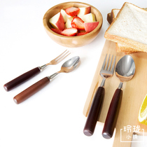 Solid wood Stainless Steel Sweet Spoons children Eat Spoon Cake Ice Cream Knife Fork Spoon Shake Sound Mesh Red Retro Fork Spoon