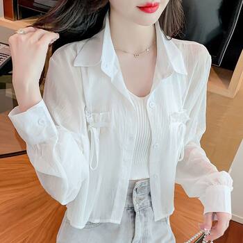 Sun protection clothing for women, summer outer cardigan, design bow shirt, women's short top, thin chiffon shirt jacket