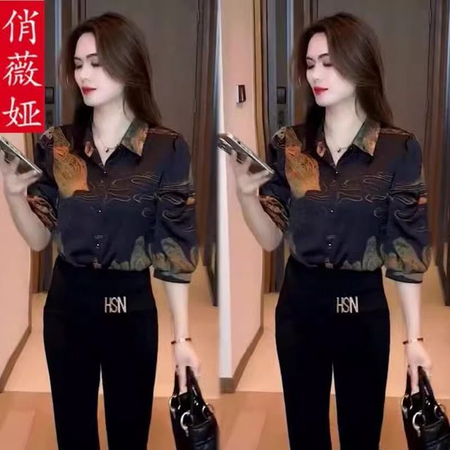 2025 new summer three-quarter sleeve printed chiffon shirt for women, fashionable, age-reducing, flesh-covering, slimming mid-sleeve top