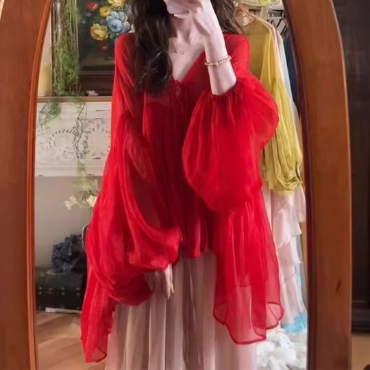 法式度假风红色雪纺衬衫女薄款夏季多巴胺设计感小众微透防晒上衣