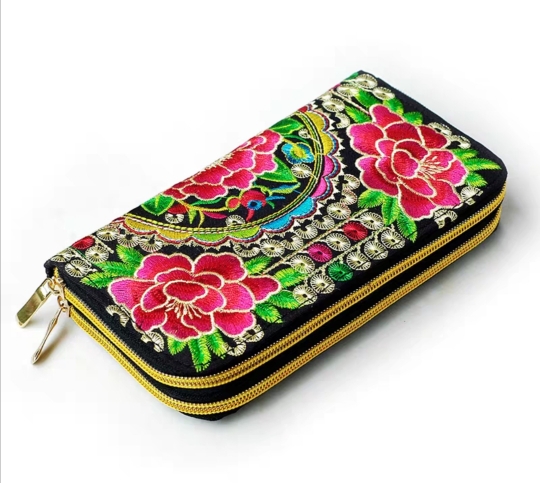 2021 new ethnic wind embroidered bag long version wallet card bag double laced lady hands with bag zero money mobile phone bag